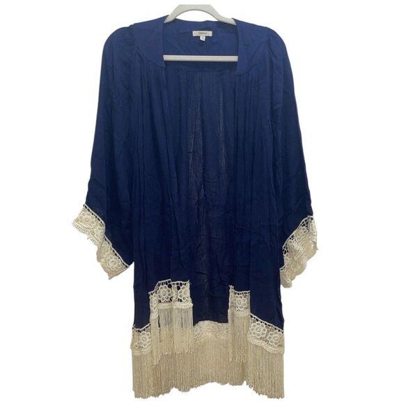 Jodifl Navy Cream Fringe Embroidered Boho 100% Rayon Wrap Sweater Cardigan Sz S - Picture 2 of 12